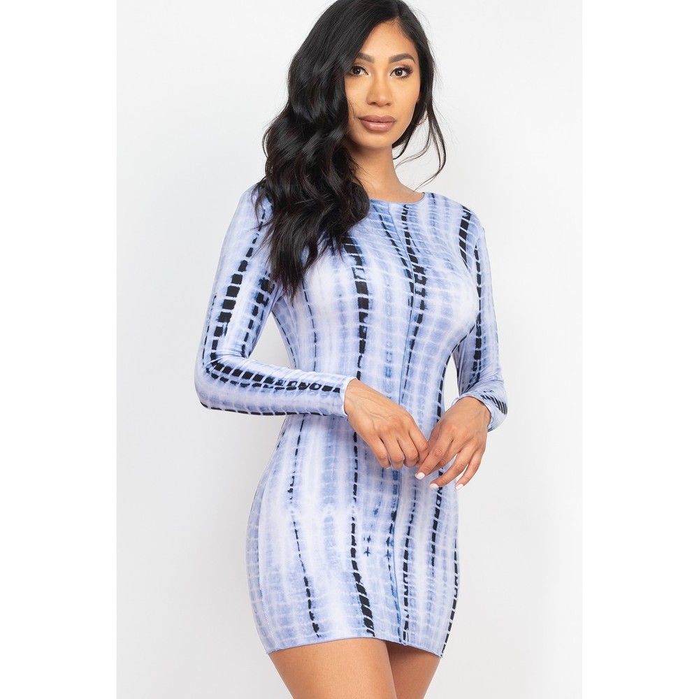 Tie-dye Printed Lettuce Trim Bodycon Dress - Picture 3 of 8